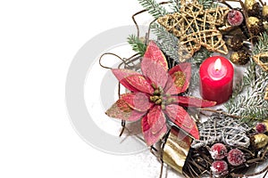 New Year, Christmas holiday card. Christmas photo red candles gold silver stars advent wreath