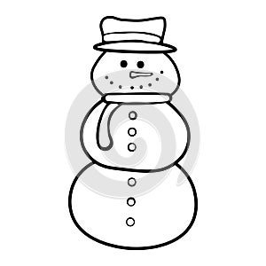 Vector cartoon snowman. Doodle style. Drawing cute snowman in hat and scarf. New Year, Christmas, holidays, winter photo