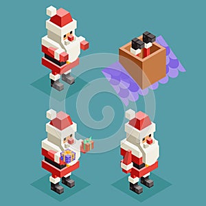 New year christmas isometric Santa claus lowpoly polygonal icons set flat design vector illustration