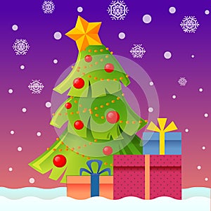 New year and Christmas landscape with christmas tree and gifts