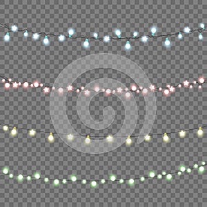 New Year and Christmas lights garlands on transparent background. Vector