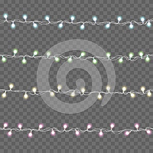 New Year and Christmas lights garlands on transparent background. Vector