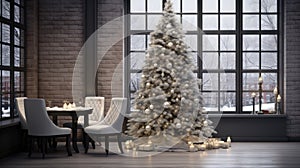 New Year or Christmas living room interior in minimalist style. Christmas tree, fireplace, sofa and large window