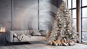 New Year or Christmas living room interior in minimalist style. Christmas tree, fireplace, sofa and large window