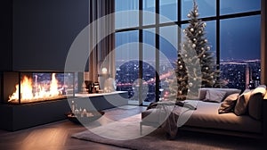 New Year or Christmas living room interior in minimalist style. Christmas tree, fireplace, sofa and large window