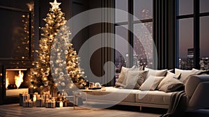 New Year or Christmas living room interior in minimalist style. Christmas tree, fireplace, sofa and large window