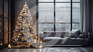 New Year or Christmas living room interior in minimalist style. Christmas tree, fireplace, sofa and large window