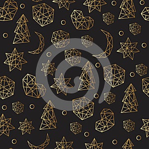 New Year and Christmas luxury gold seamless pattern with stars, balls, noel, moon. Greeting card, invitation, flyer.