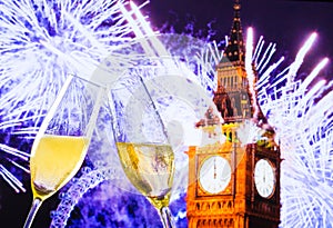 New Year or Christmas at midnight with champagne flutes make cheers on clock background