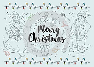 New year Christmas outline illustration for decoration design two Santa Claus stand next to the inscription congratulations style