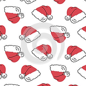 New Year and Christmas pattern with red hat with ponpon of Santa Claus. Holiday wrapping paper, fabric print.