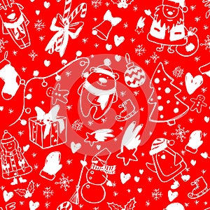 New year and Christmas seamless background with winter hand drawn Doodle