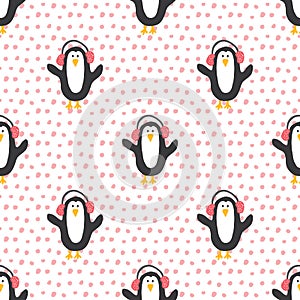 New Year and Christmas seamless pattern with penguins, hand drawn doodles Seamless Pattern. Background Vector Illustration