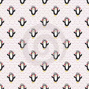 New Year and Christmas seamless pattern with penguins, hand drawn doodles Seamless Pattern. Background Vector Illustration