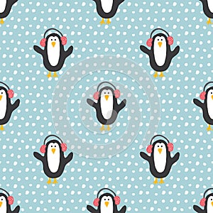 New Year and Christmas seamless pattern with penguins, hand drawn doodles Seamless Pattern. Background Vector Illustration