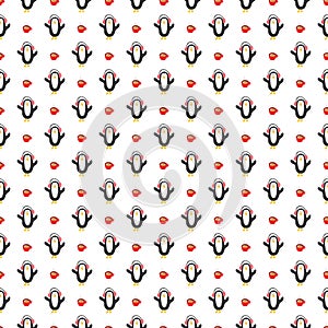 New Year and Christmas seamless pattern with penguins, hand drawn doodles Seamless Pattern. Background Vector Illustration