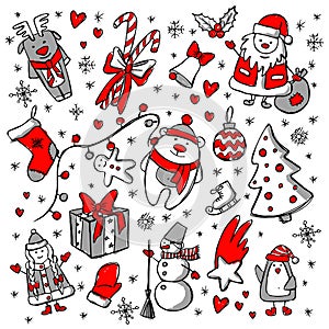 New year Christmas set doodles Santa Claus, reindeer, snowman, Christmas tree penguin