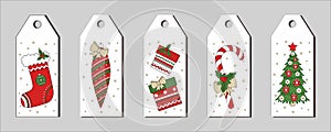 New Year and Christmas set of gift tags in the style of hand drawing. Vector traditional holiday items on a white photo