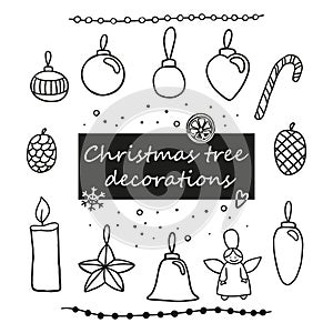 New Year and Christmas set with simple xmas tree decorations in doodle style. Isolated on white background. Winter elements for