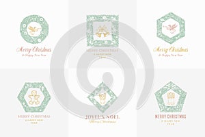 New Year and Christmas Sketch Pine Wreath Signs, Banners or Logo Templates Set with Hand Drawn Angels, Bells and Cookie