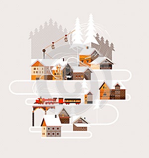 New year and Christmas snowy winter landscape with coniferous forest, pines, cottages, train and cable car. Flat vector