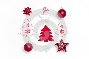 New Year and Christmas square composition on white background. Top view, flat lay, copy space