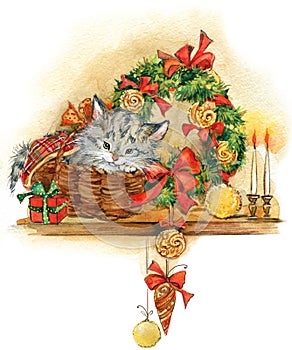 Nuevo árbol de navidad a gatito ilustraciones acuarela 