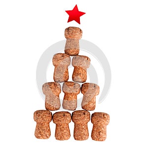 New Year or Christmas tree made of corks of champagne sparkling wine with red star on top, white background isolated close up