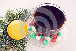 New Year. Christmas tree. Mandarin. Hot tea. White background