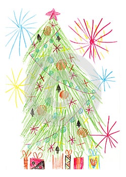 New Year, Christmas tree pencil drawing, decorated for holiday, with gifts and fireworks