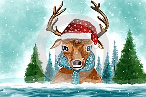 New year and christmas tree winter landscape background with deer card design