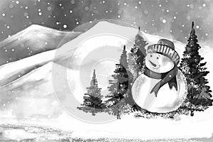 New year and christmas tree winter landscape background with snowman card design