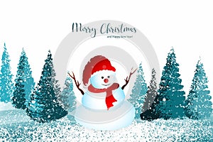 New year and christmas tree winter landscape background with snowman card design