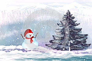 New year and christmas tree winter landscape background with snowman card design
