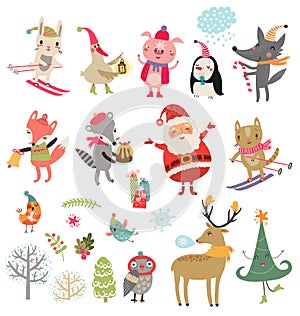 New year Christmas Winter Collection Vector set of cute characters.