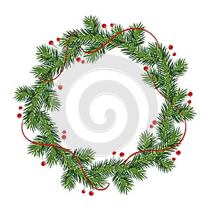 New year and Christmas wreath. winter garland with red holly berries on green branches, isolated on white background