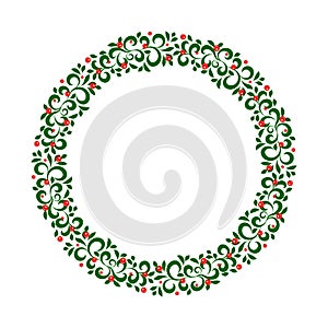 New year and Christmas wreath. winter garland with red holly berries on green branches, isolated on white background