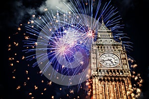 New Year in the city - Big Ben with fireworks