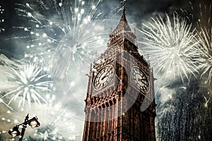 new Year in the city - Big Ben with fireworks