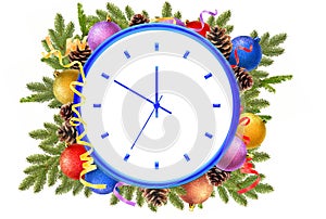 New Year clock and christmas balls, pine cones, fir branches