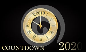 New Year, Clock golden design With roman dial a few minutes from 2019 Countdown to 2020. Happy NEW YEAR Merry Christmas greeting