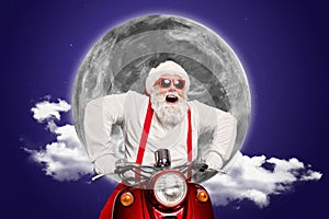 New year collage postcard of santa claus ride fast scooter hurry for christmas countdown sales discounts