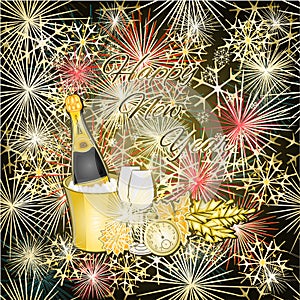 New Year colorful fireworks and champagne vector