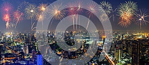 New Year colorful fireworks with cityscape bangkok skyline in night time