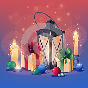 New Year composition. Christmas greeting cardÑŽ Still life with candle lamp gifts and Christmas toys.