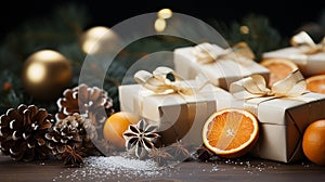 New Year composition. gift boxes, dry orange slices, fir branches and pine cones christmas concept