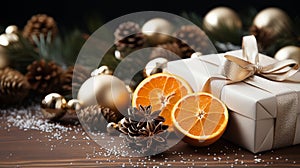 New Year composition. gift boxes, dry orange slices, fir branches and pine cones christmas concept