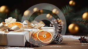 New Year composition. gift boxes, dry orange slices, fir branches and pine cones christmas concept
