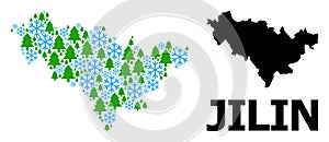 New Year Composition Map of Jilin Province with Snowflakes and Fir-Trees