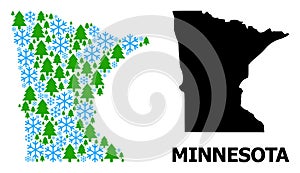 New Year Composition Map of Minnesota State with Snowflakes and Fir Forest